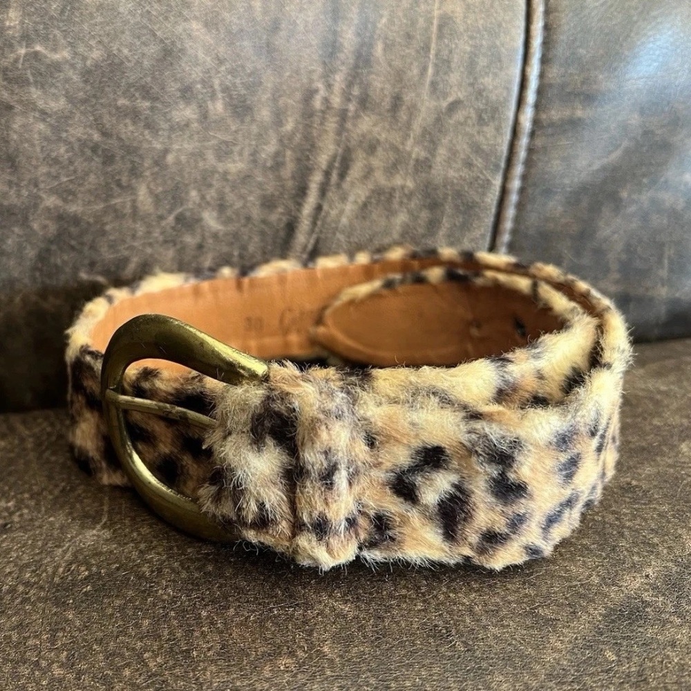 Vintage Leopard Cinch Belt Cowhide Brass Faux Fur Animal Print Size 30 Garay